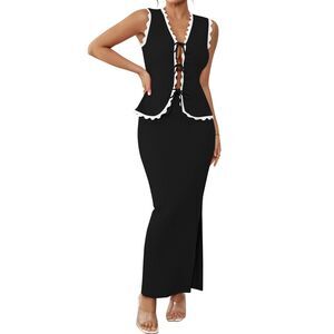 2 Piece Outfits V-Neck Sleeveless Top Maxi Knit Skirt Sets, SMALL, 9L-145SET004